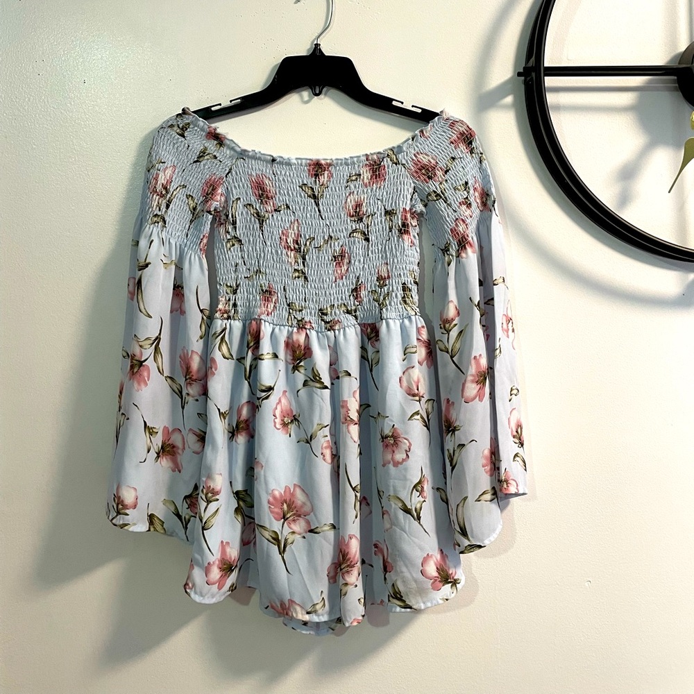 Baby Blue Off the Shoulder Floral Jumpsuit